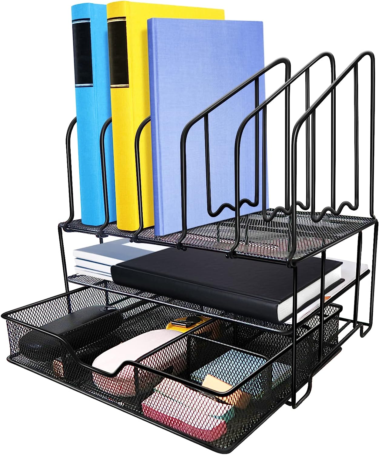 230816082146857_1 Desk File Organizer with Drawer Anyyuk Office Supplies Organizer with Double Tray and 5 Upright File Folder Holders Sections Desktop Organizer for Workspace Home Office School, Black - Image 1